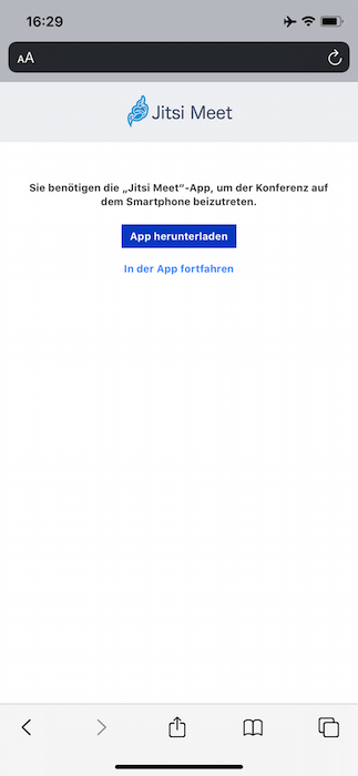 Der Browser am iPhone zeigt einen Hinweis auf die Jitsi Meet App