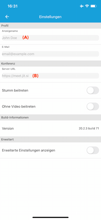Ihren Namen und Server-URL eingeben